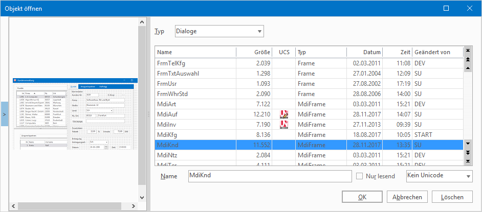 Datenbankobjekt öffnen